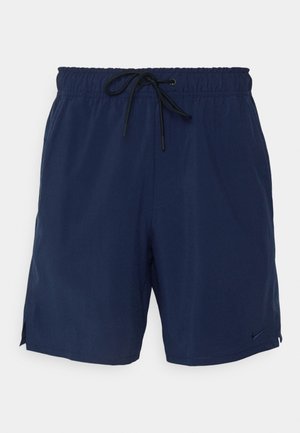 Granatowe kąpielówki wykonane z lekkiego materiału, z elastycznym paskiem w talii i sznurkiem do regulacji oraz bocznymi rozcięciami dla większej swobody ruchów.