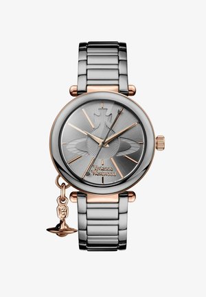 Ronde horloge met een grijze wijzerplaat, roségouden accenten en een tweekleurige metalen armband. Voorzien van een bedel en een gestructureerde wijzerplaat.