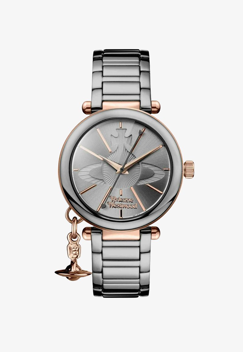 Runde Uhr mit grauem Zifferblatt, roségoldenen Akzenten und einem zweifarbigen Metallarmband. Verfügt über einen Anhänger und ein strukturiertes Zifferblatt.