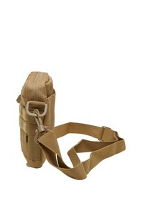 Tan military-style shoulder bag made of durable fabric. Features padded sides, a zipper closure, adjustable strap, and Velcro accents.