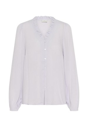 Licht lila blouse met lange mouwen, een gerimpelde V-hals en een sluiting met knopen aan de voorkant, voorzien van bijpassende knopen. Gladde, licht gestructureerde stof.