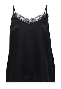 Camisón de satén negro con tirantes ajustables, con un borde de encaje negro con forma de concha a lo largo del escote. Textura suave, corte holgado.