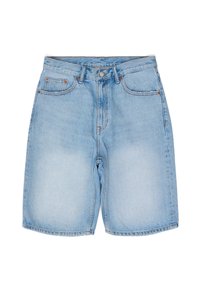 Lichtblauwe denim shorts met een hoge taille, vijf zakken, riemlussen, een enkele knoopsluiting en stiksels op de naden.