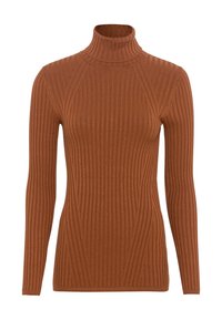Brauner gerippter Rollkragenpullover mit langen Ärmeln, tailliertem Design und strukturiertem Stoff, der diagonale Rippenmuster aufweist.