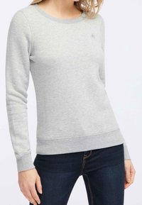 Sweat-shirt gris à manches longues, col rond et bordures côtelées. Présente un petit logo sur la poitrine et un tissu doux et confortable.