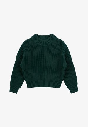 Zöld kötött pulóver bordázott textúrával, magas nyakkal és hosszú ujjakkal. Cropped fazonú, az alsó szegélyén vastag passzékkal.