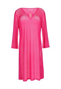 Roze mesh cover-up met driekwartmouwen, V-hals en gestreepte details in lagen. Lichtgewicht en semi-doorzichtig materiaal.