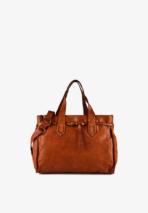 Braune Leder-Umhängetasche mit doppelten Griffen, verstellbarem Schultergurt und dekorativem Schnallendetail auf der Vorderseite.