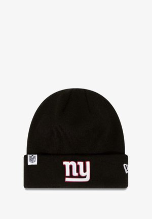Black knit beanie with a fold-over cuff, featuring white "ny" lettering and a small NFL logo tag on the side. Soft texture, rounded top.