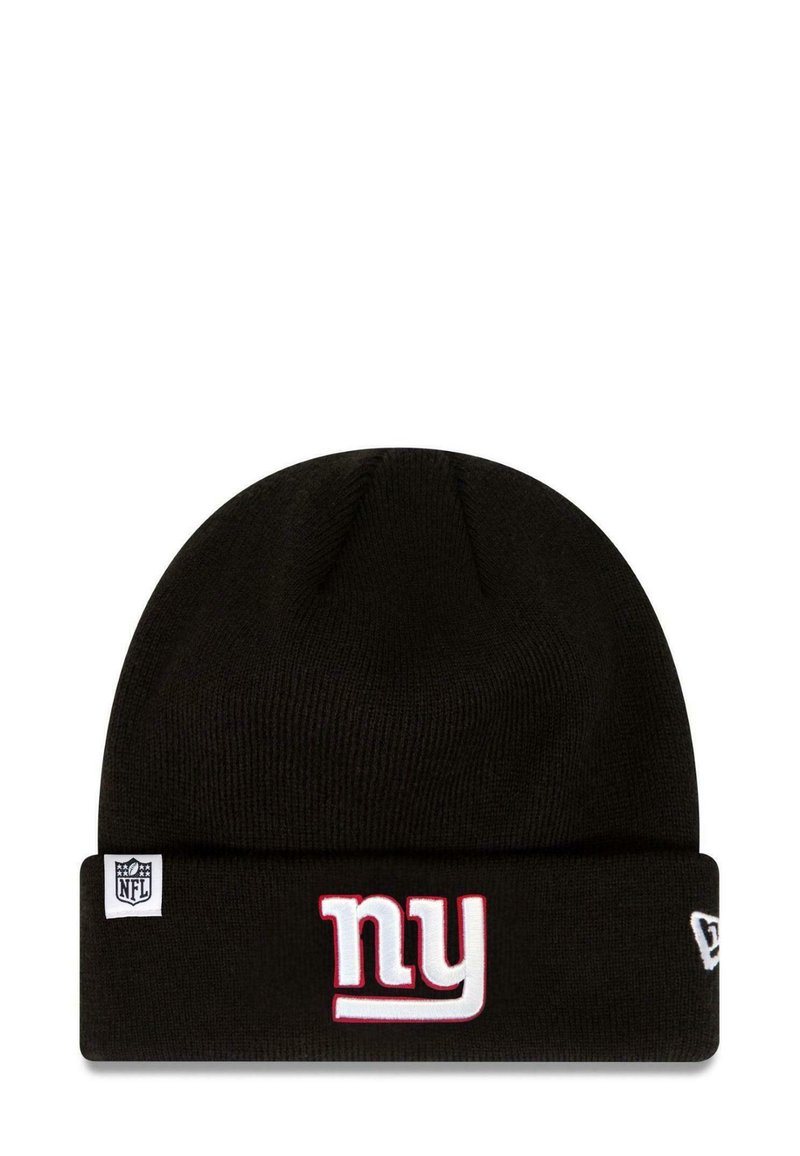 Black knit beanie with a fold-over cuff, featuring white "ny" lettering and a small NFL logo tag on the side. Soft texture, rounded top.