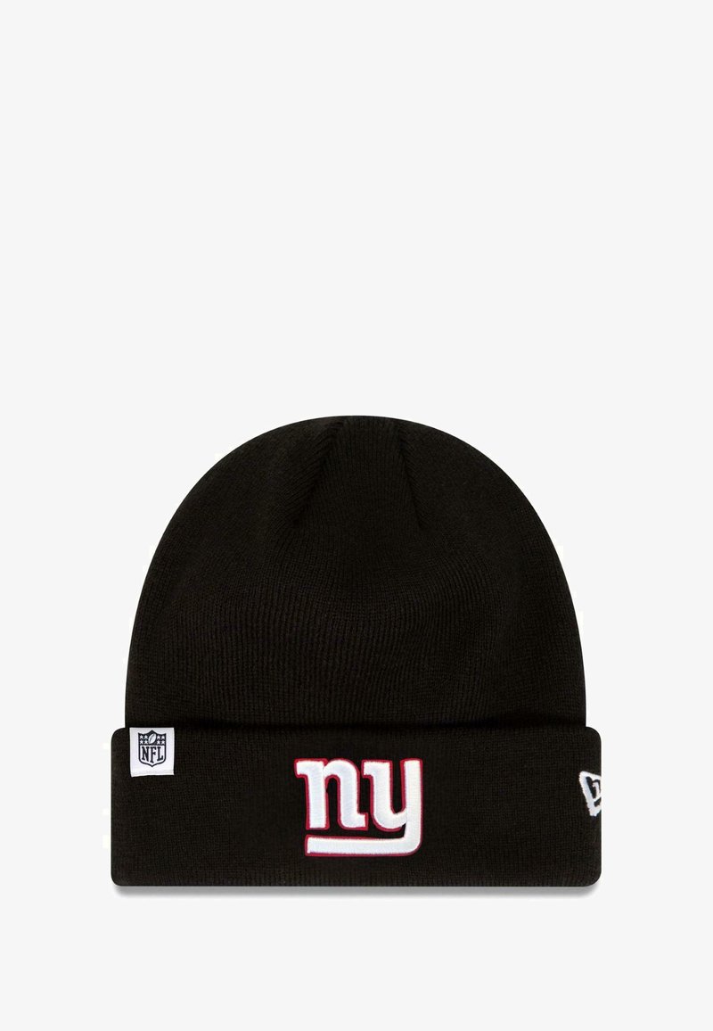 Black knit beanie with a fold-over cuff, featuring white "ny" lettering and a small NFL logo tag on the side. Soft texture, rounded top.