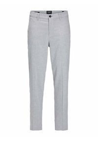 Pantaloni grigi chiari realizzati in un tessuto texturizzato. Vestibilità slim con chiusura a bottone e tasche frontali. Design semplice e pulito, senza motivi.