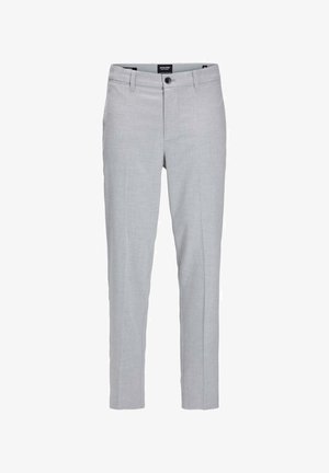 Lichtgrijze broek gemaakt van een gestructureerde stof. Slim fit met een knoopsluiting en voorzakken. Eenvoudig, strak ontwerp zonder patronen.