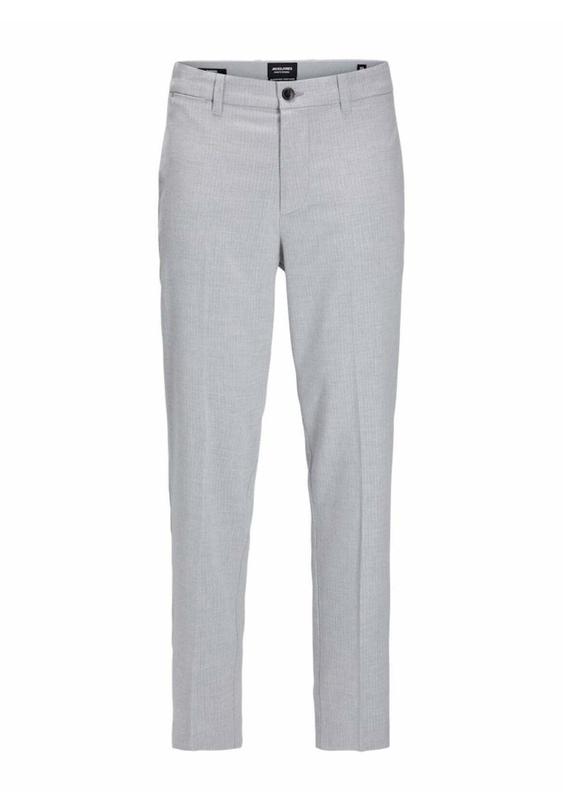 Pantaloni grigi chiari realizzati in un tessuto texturizzato. Vestibilità slim con chiusura a bottone e tasche frontali. Design semplice e pulito, senza motivi.