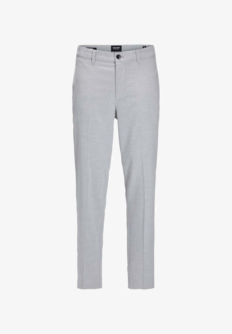 Hellgraue Hosen aus einem strukturierten Stoff. Schlanker Schnitt mit Knopfverschluss und frontalen Taschen. Einfaches, sauberes Design ohne Muster.