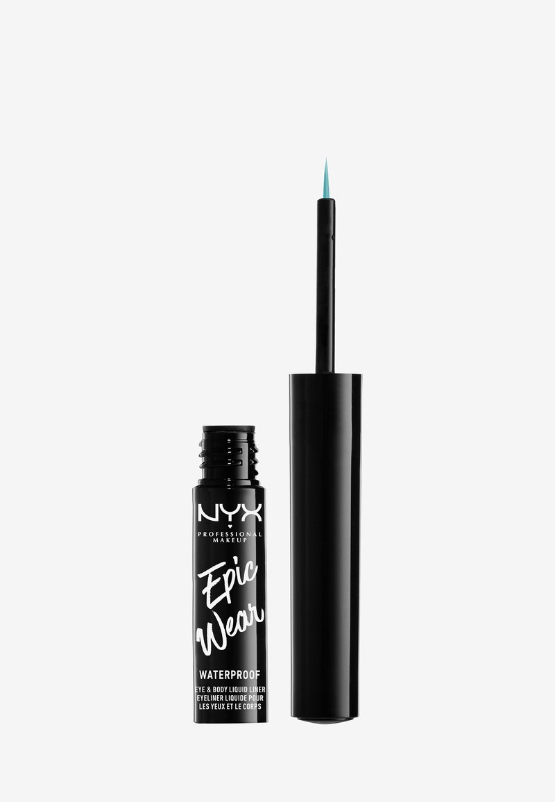 NYX Epic Wear vattentålig eyeliner, svart tub med vit text, har en lång och smal applikator med en fin, turkos spets för precis applicering.