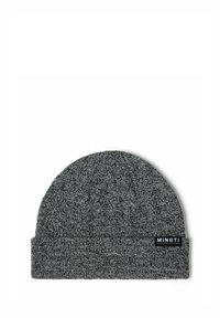 Szürke kötött sapka puha tapintással, felhajtott szegéllyel és egy fekete "MINOTI" címkével az oldalán; finom pöttyös mintázattal rendelkezik.
