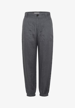 Sivé ľanové nohavice vo voľnom strihu, s elastickým pásom, zapínaním na gombík a nariasenými manžetami; viditeľné dve predné vrecká.