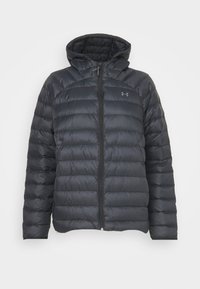 Schwarze Daunenjacke mit Kapuze, die mit gestepptem Futter, einem durchgehendem Reißverschluss und einem Logo auf der linken Brust ausgestattet ist. Glatter, glänzender Stofffinish.