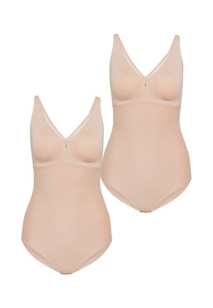 Två hudfärgade sömlösa bodysuits med V-ringning och trådlösa kupor, designade för jämn formning och stöd.