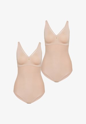 Zwei nahtlose Bodysuits in hautfarbener Optik mit V-Ausschnitt und drahtlosen Cups, gestaltet für eine glatte Formgebung und Unterstützung.
