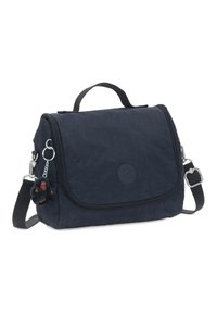 Borsa sintetica blu navy con chiusura a patta, tracolla regolabile, manico superiore e accessorio portachiavi. Presenta un logo sul davanti.