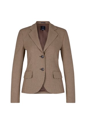 Blazer marrone a quadri con colletto a punta, due tasche frontali, due bottoni e una fodera interna liscia. Vestibilità sagomata.