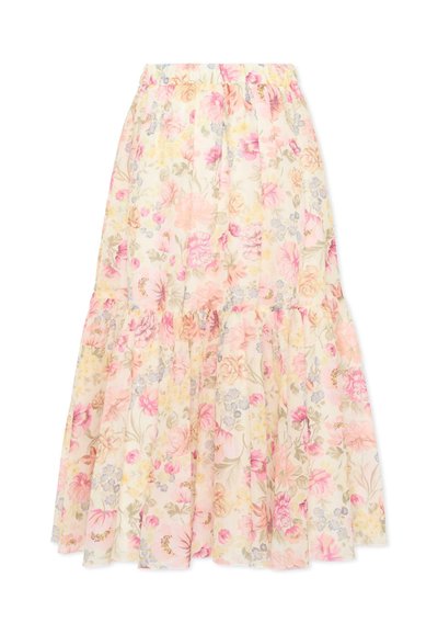 Jupe midi fleurie à volants, taille élastique, avec une palette de couleurs pastel comprenant des fleurs roses, jaunes, bleues et vertes sur un fond clair.