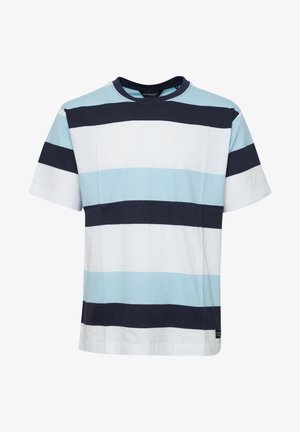 T-shirt rayé en coton bleu clair, bleu marine et blanc, avec des manches courtes et un col rond, doté d'une texture douce et d'une coupe décontractée.