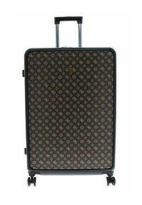 Valise rigide de couleur foncée avec un motif doré, dotée d'une poignée télescopique et de quatre roues pivotantes pour une meilleure mobilité.