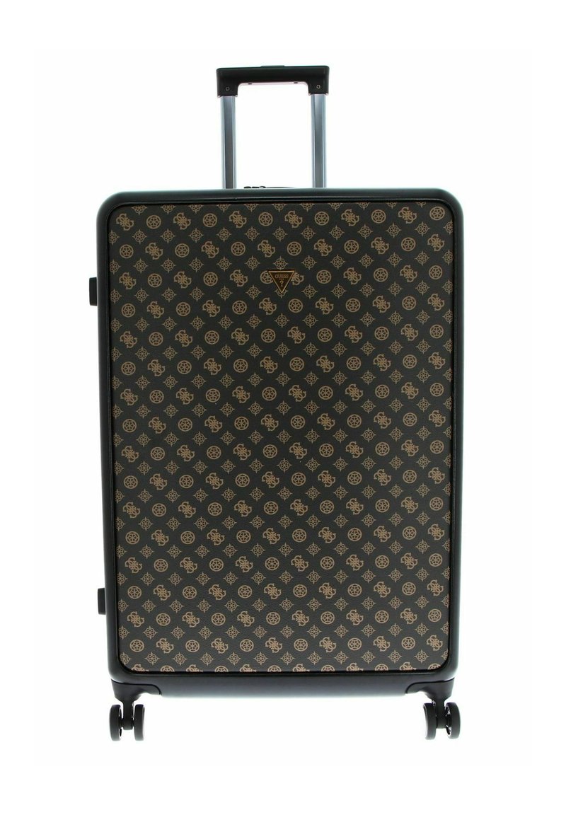 Valise rigide de couleur foncée avec un motif doré, dotée d'une poignée télescopique et de quatre roues pivotantes pour une meilleure mobilité.