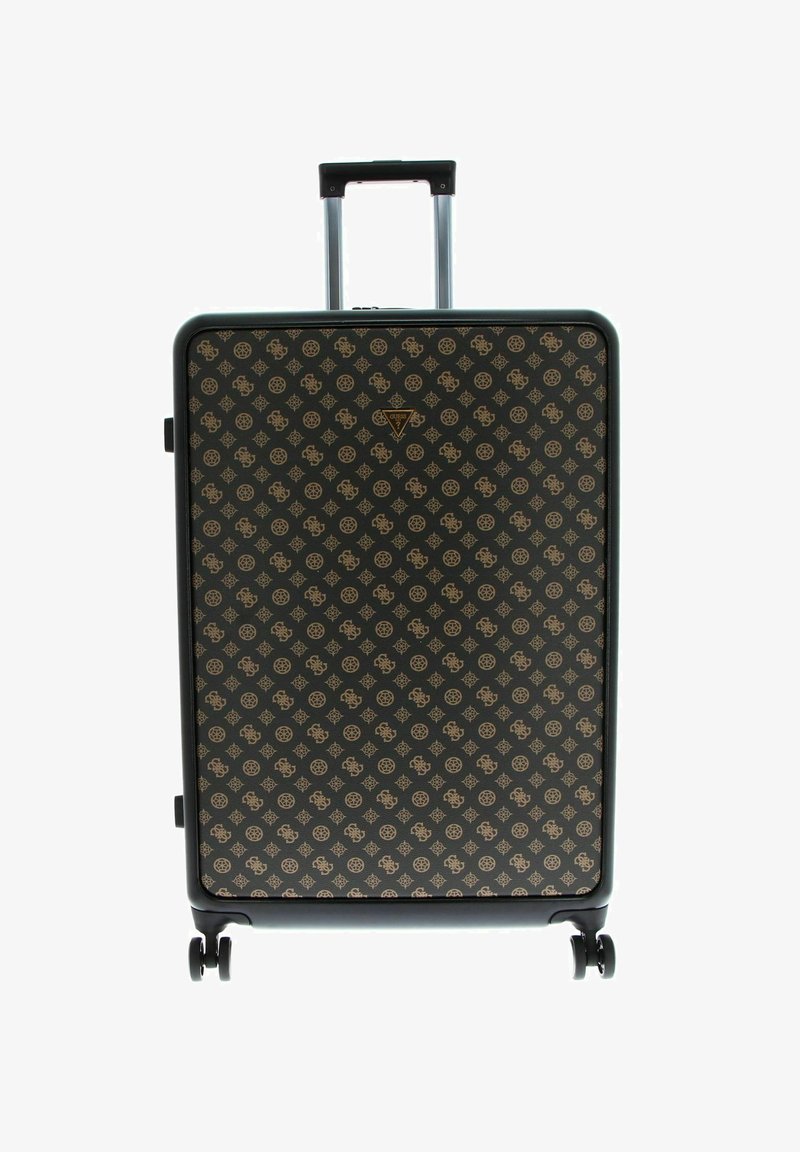 Valise rigide de couleur foncée avec un motif doré, dotée d'une poignée télescopique et de quatre roues pivotantes pour une meilleure mobilité.