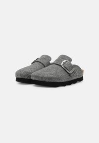 Gray felt clogs with a rounded toe, a wide strap and a silver buckle accent. Textured material and a black rubber sole.