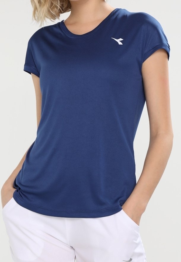 Navy blue athletic t-shirt made of breathable fabric, featuring short sleeves and a white logo on the chest, with a relaxed fit.