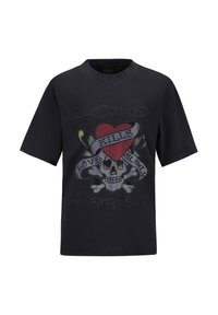 Černé bavlněné tričko s velkým grafickým designem lebky se srdcem a květinovými prvky, zdobené barevnými kamínky.