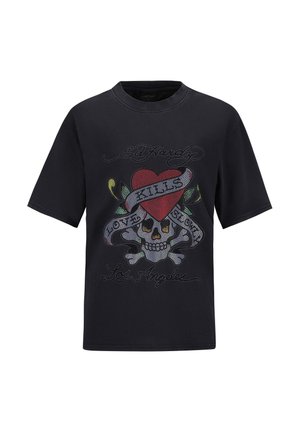Zwarte katoenen T-shirt met een groot grafisch ontwerp van een schedel met een hart en bloemmotieven, versierd met kleurrijke rhinestones.