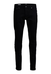 Jeans noirs slim-fit pour homme avec bouton avant, passants de ceinture et design à cinq poches.