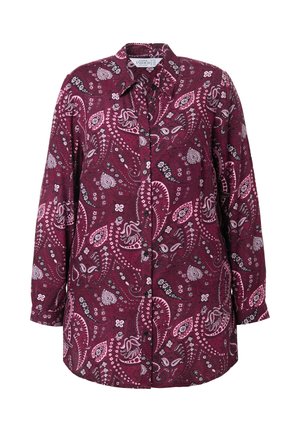 Camisa de botones de manga larga con un patrón de paisley en rosa oscuro y púrpura y un collar puntiagudo.