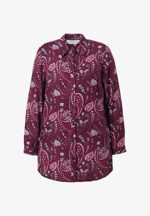 Camisa de botones de manga larga con un patrón de paisley en rosa oscuro y púrpura y un collar puntiagudo.