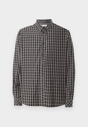 Long-sleeve button-up shirt in dark blue and beige checkered pattern. Features a classic collar and front buttons with a straight hem.