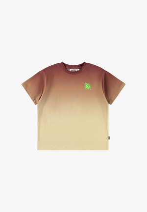 Bruin ombre T-shirt met korte mouwen, een groene spiraalvormige zon op de linkerborst, ronde hals en gemaakt van zacht katoen.