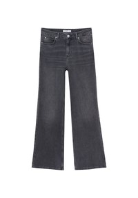 High-waisted, wide-leg jeans in dark gray denim. Features five pockets, a zipper fly, and stitched detailing along the seams.