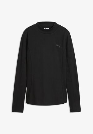T-shirt noir à manches longues côtelé avec col montant et petit logo Puma sur la partie supérieure gauche de la poitrine.