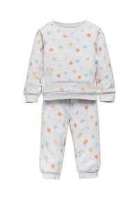 Conjunto de sudadera y pantalones de algodón gris con estampado de globos en naranja, azul y amarillo. La sudadera cuenta con un bolsillo frontal y puños de canalé.