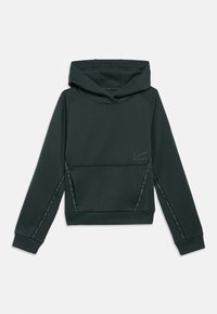 Tumši zaļš kapucēts sudrabs ar priekšējo kabatu, Nike logo un tekstu "Nav nekādu finiša līniju" gar piedurknēm un krūtīm.