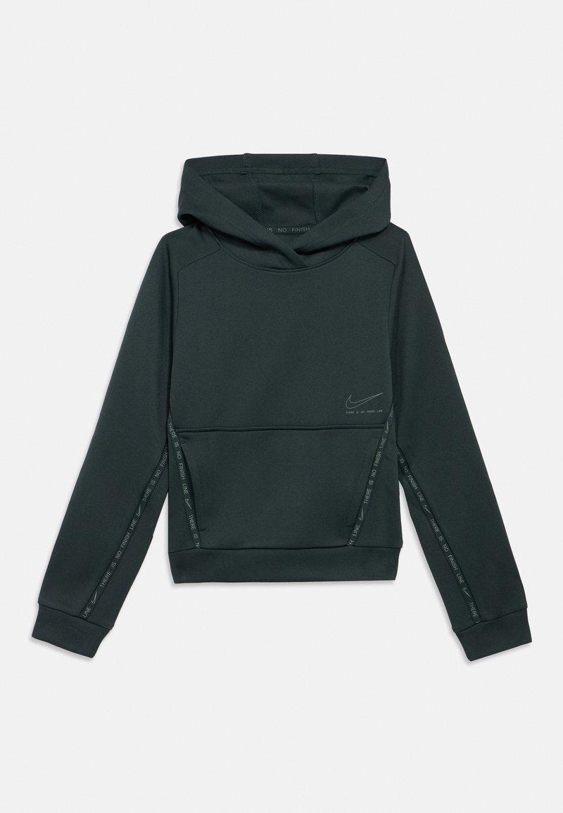 Tumši zaļš kapucēts sudrabs ar priekšējo kabatu, Nike logo un tekstu "Nav nekādu finiša līniju" gar piedurknēm un krūtīm.