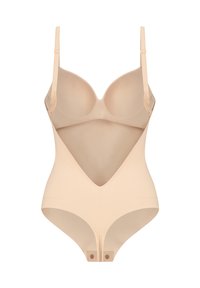 Body color beige con scollo profondo, coppe imbottite, spalline regolabili e texture liscia. Presenta una chiusura a bottoni sul fondo.