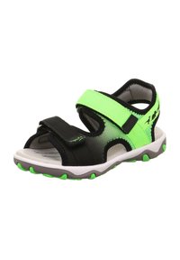 Schwarze und neongrüne Kindersandale mit verstellbaren Riemen, strukturiertem Sohlen und atmungsaktivem Design. Mit Gummidetails und gepolstertem Fußbett.