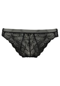 Slip bikini in pizzo nero con un motivo floreale e una vita liscia. Presenta una texture semi-trasparente e un design con schiena curva.