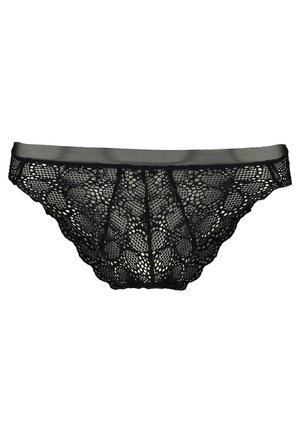 Zwarte kant bikini-onderbroek met een bloemmotief en een gladde tailleband. Heeft een semi-doorzichtige textuur en een gebogen achterkant.